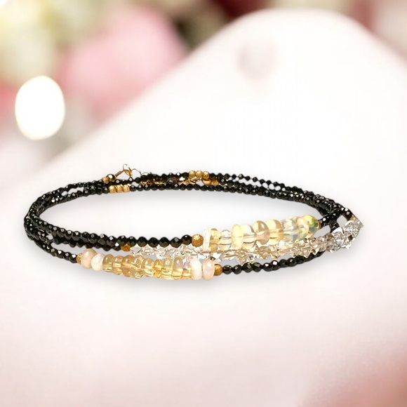 Natural Spinel, Opal, Herkimer Diamond Wrap Bracelet Convertible Necklace Gold - Picture 2 of 7